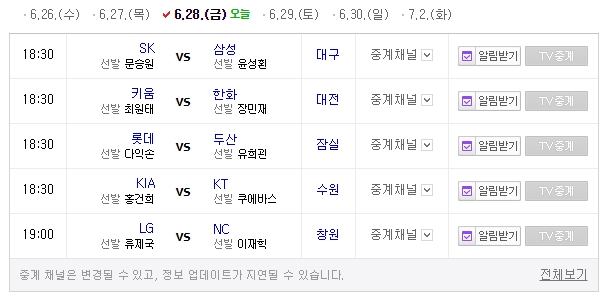 28일 2019년 프로야구 일정, 장마기간에 오늘 야구장 날씨 우천취소? 순위·중계 채널 총정리!