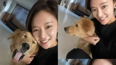 황정음, 황금빛 늠름한 강아지 꼭 껴안고 '찰칵'