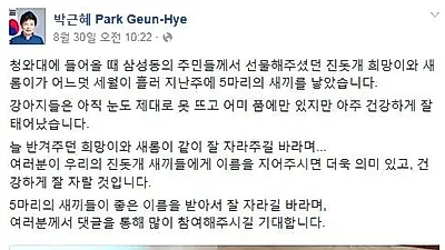 박근혜 대통령 '청와대 강아지 이름공모', 댓글들 들여다보니