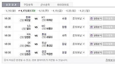 [4월 17일 수요일] 오늘 2019 프로야구 경기 매치·팀순위·중계채널 등 정리