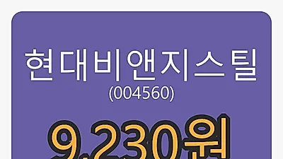 현대비앤지스틸마감가 9,230원 전일비 3.82%등락..