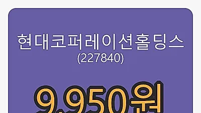 6일 현대코퍼레이션홀딩스마감가 9,950원, 전일비 -3.86% 변동..