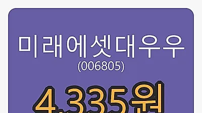 5일 미래에셋대우우마감가 4,335원 전일비 -3.02퍼센트 변동..