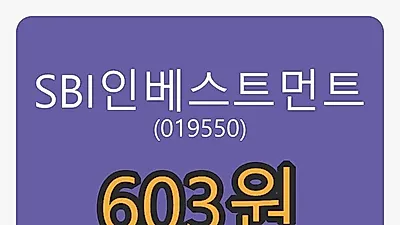 6일 SBI인베스트먼트마감가 603원, 전일대비 1.01프로등락..