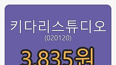 21일 키다리스튜디오마감가 3,835원 전일비 2.13% 변동..