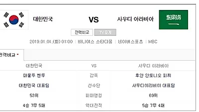 대한민국 VS 사우디아라비아 일정 정리…2019 아시안컵 경기'전문가의 예측'은?