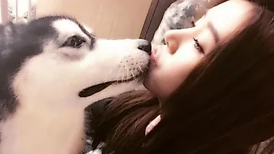 차오루, 강아지랑 뽀뽀하는 사진 '귀여워라'
