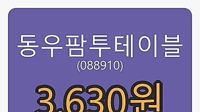 21일 동우팜투테이블마감가 3,630원 전일비 0.14퍼센트 변동..
