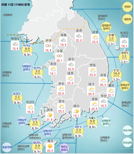 [11일] 서울 및 수도권 주요도시 날씨와 미세먼지농도