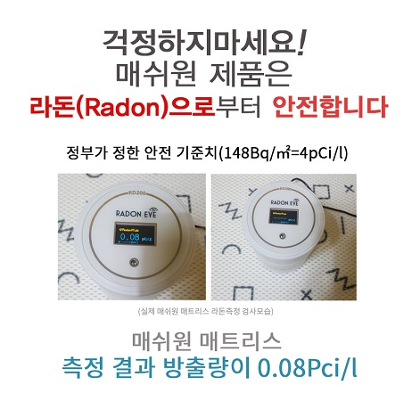 매쉬원 매트리스, 라돈 측정 결과 방출량이 0.08Pci/l로 기준치 미달로 안정성 입증