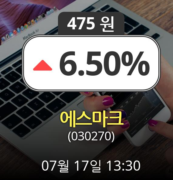 (코스닥상승) ▲에스마크(030270)  6.50% 상승