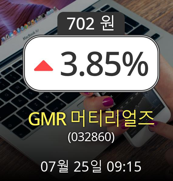 (코스닥상승) ▲GMR 머티리얼즈(032860)  3.85% 소폭 상승