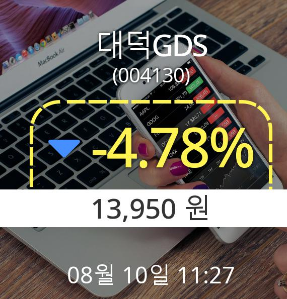 (코스닥하락) ▼대덕GDS(004130) 오전 11시 27분 현재  -4.78% 하락기록