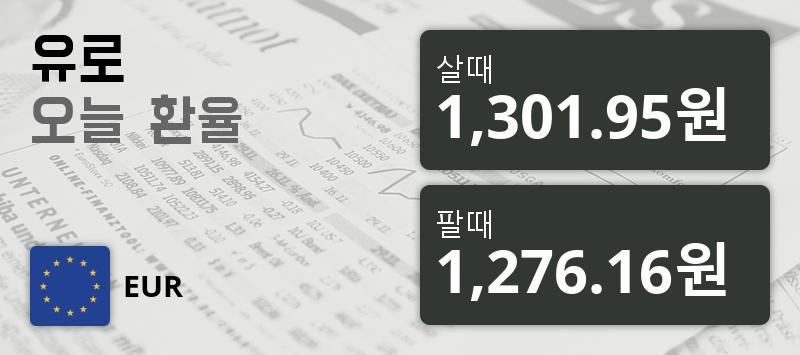 [환전환율] 21일 유로화 팔때 1,301.95원, 살때 1,276.16원 ▲0.13%상승