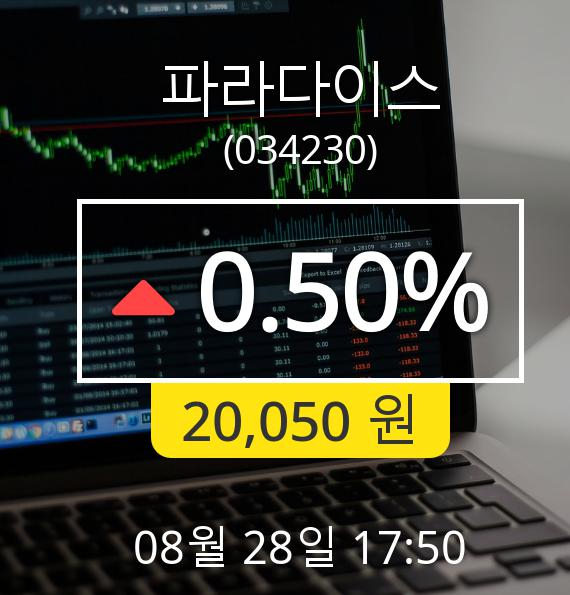 [마감시황]파라다이스장종주가 28일 오후 5시 50분 20,050원