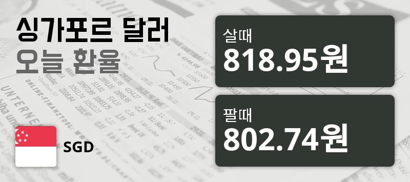 [환전환율] 31일 싱가폴 달러화 환율 살때 818.95원, 팔때 802.74원 ▼-0.21%감소