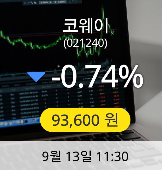 [코웨이주가] 13일 오전 11시 30분 93,600원