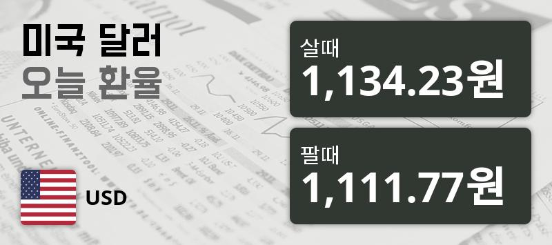 20일 환율 20일 원달러 살때 1,134.23원, 팔때 1,111.77원 ▼-0.29%감소