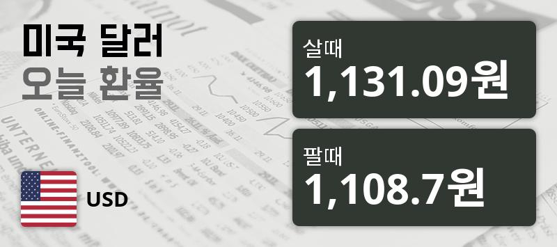 21일 환율 21일 원달러 살때 1,131.09원, 팔때 1,108.7원 ▼-0.28%감소