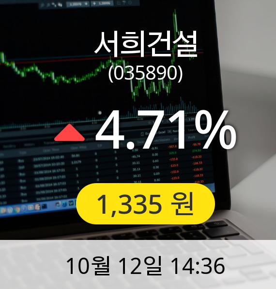 [서희건설주가] 12일 오후 2시 36분 1,335원