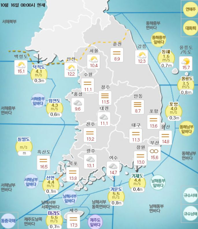 [오늘의날씨는?] 전국의 일교차 10도 이상 커지고 남부 지역 비 내릴 것으로 예상, 초미세먼지 주의