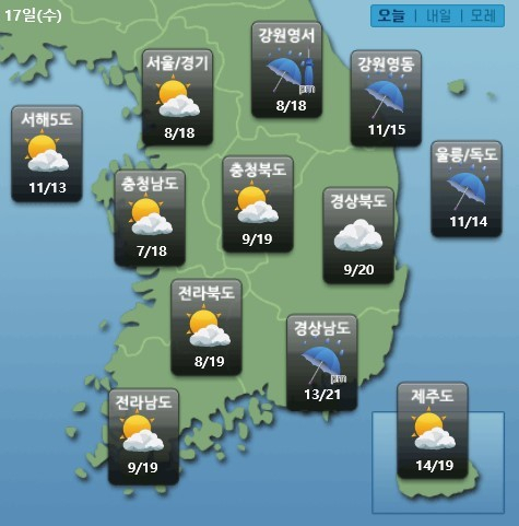 [오늘의날씨는?] 강원경상충북 비 내릴 예정, 큰 일교차에 건강 조심 필수