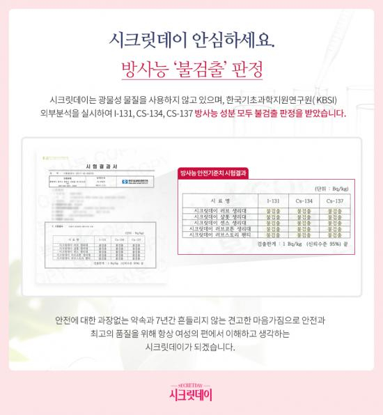 여성용품 생리대 전문 브랜드 시크릿데이, 발암물질 방사능 불검출