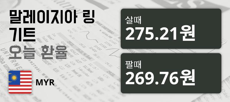 말레이시아 19일 링기트화 환율 살때 275.21원, 팔때 269.76원 ▲0.54%상승