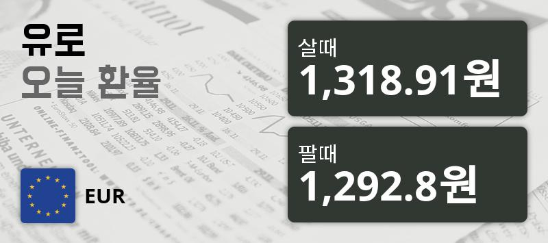 환율 22일 유로화 살때 1,318.91원, 팔때 1,292.8원 ▲0.64%상승