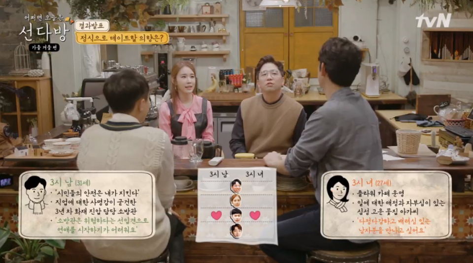 [선다방2]선다방 가을겨울편, 용기있는 3시녀 최초 번호 교환에 양세형 '119 타이밍'… 소방관커플