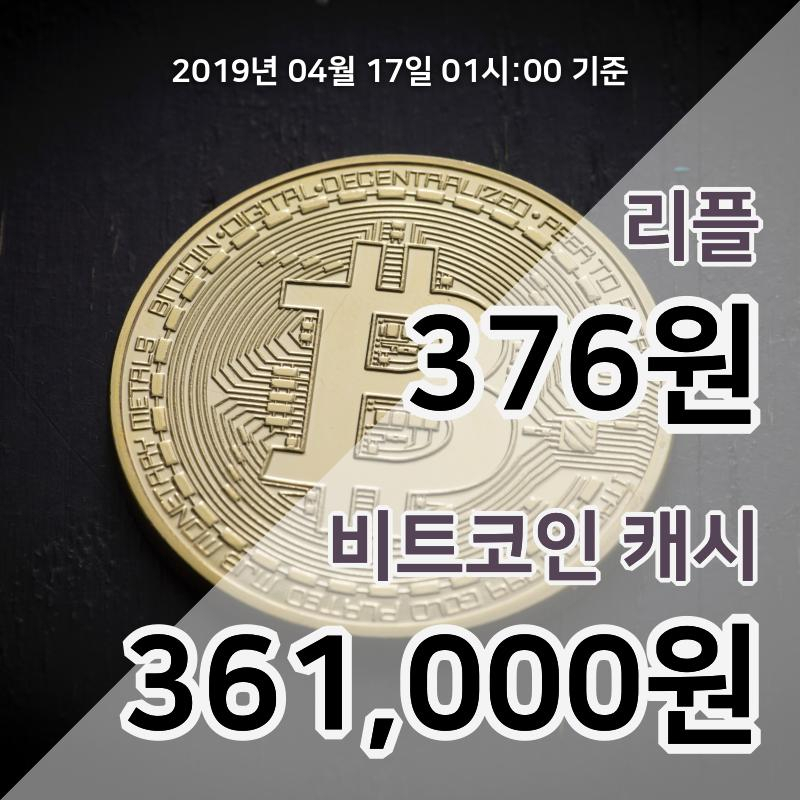 [코인원 시황] 리플 17일 02시 기준 378원 거래중…비트코인캐시 38만1000원