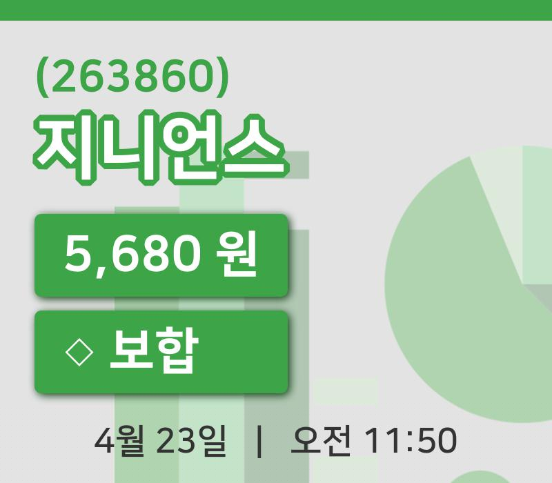 [지니언스주가] 23일 이시각 현재  5,680원