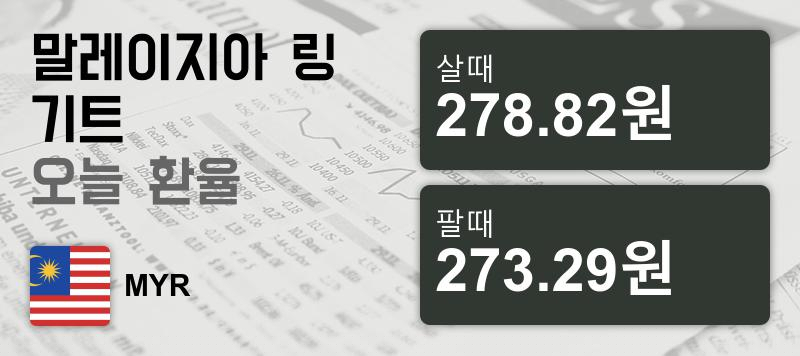 말레이시아 23일 링기트화 환율 살때 278.82원, 팔때 273.29원 ▲0.33%상승