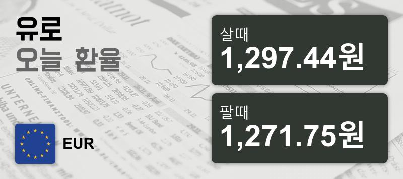 환율 23일 유로화화 환율 살때 1,297.44원, 팔때 1,271.75원 ▲0.48%상승