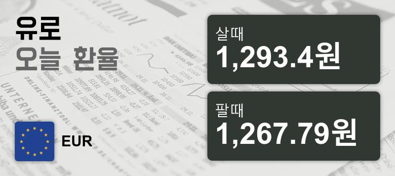 환율 24일 유로화화 환율 살때 1,293.4원, 팔때 1,267.79원 ▼-0.31%감소