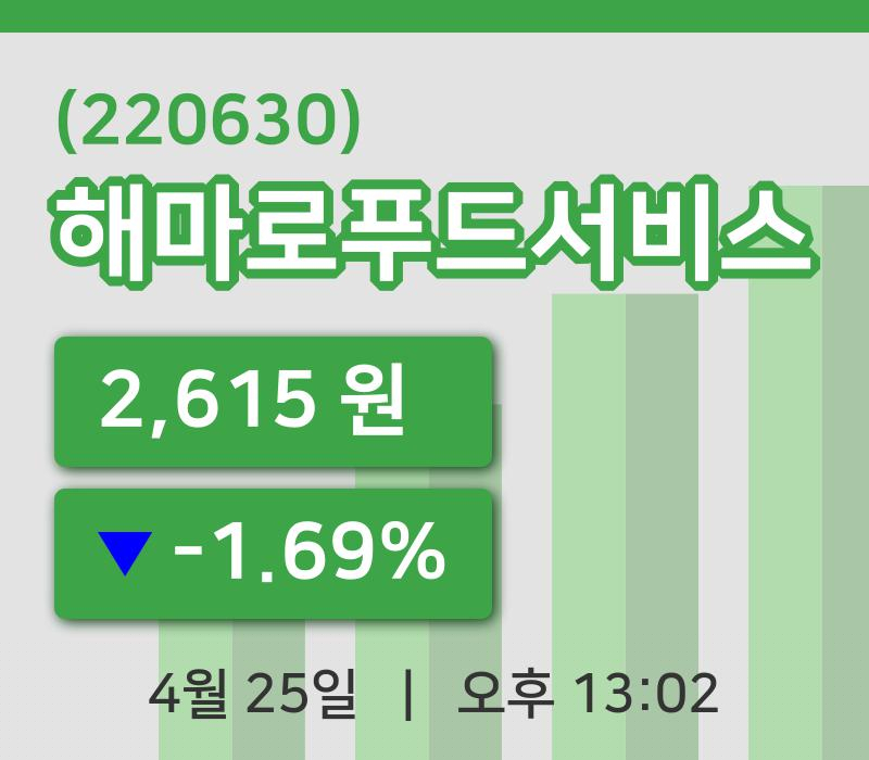 [해마로푸드서비스주가] 25일 13시 02분 현재 2,615원