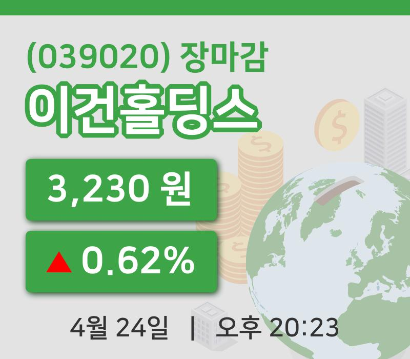 국내증시마감이건홀딩스 24일 3,230원 장종료...