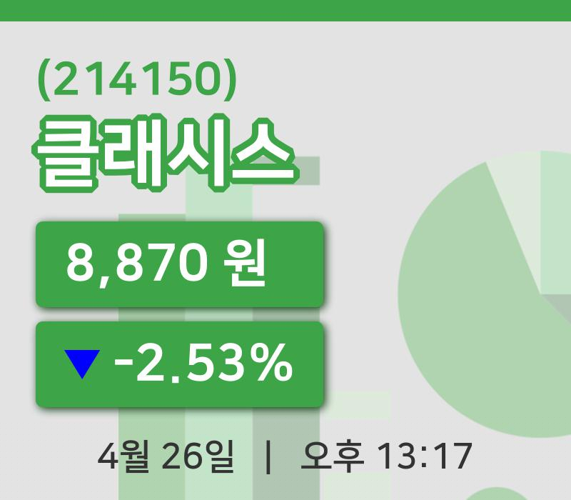 [클래시스주가] 26일 이시각 현재  8,870원
