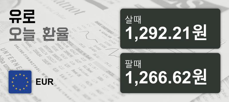 환율 25일 유로화 살때 1,292.21원, 팔때 1,266.62원 ▼-0.09%감소