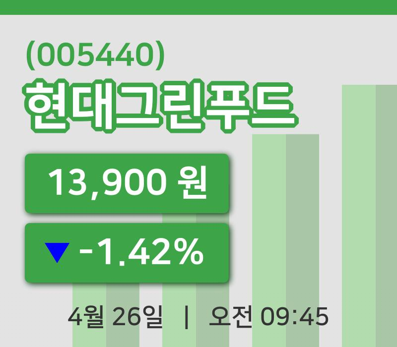 [현대그린푸드주가] 26일 이시각 현재  13,900원