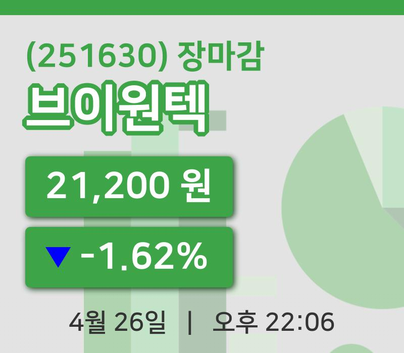 주식마감브이원텍 26일 21,200원 장마감...