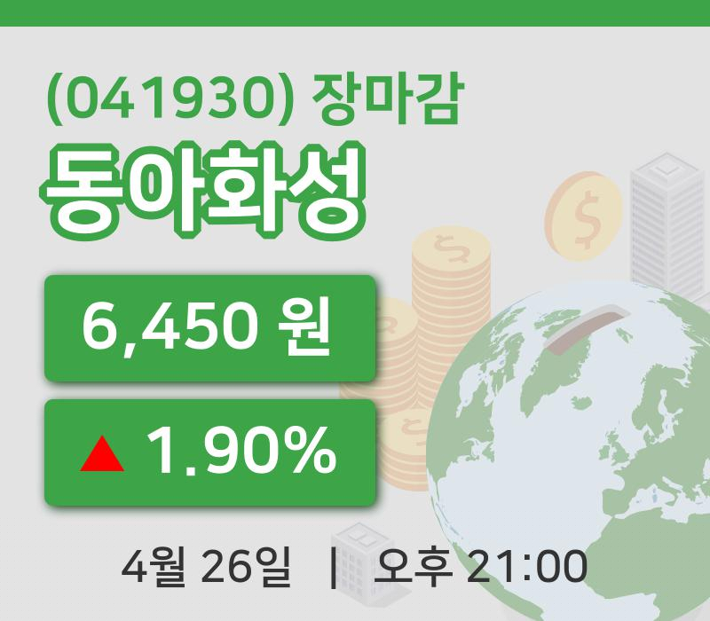 코스닥마감증시동아화성 26일 6,450원 장마감...