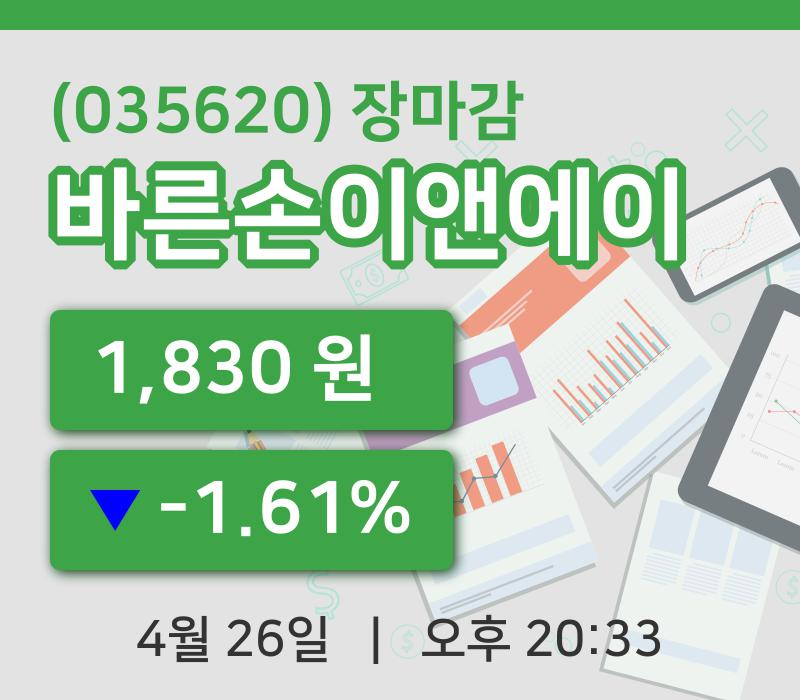 코스닥마감증시바른손이앤에이 26일 1,830원 장마감그래프정리
