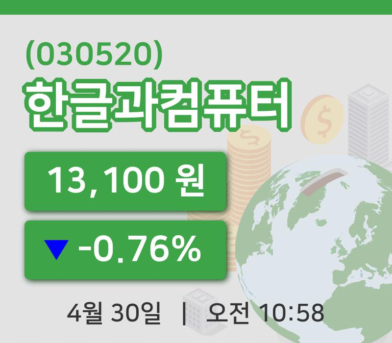 [한글과컴퓨터주가] 30일 10시 58분 현재 13,100원