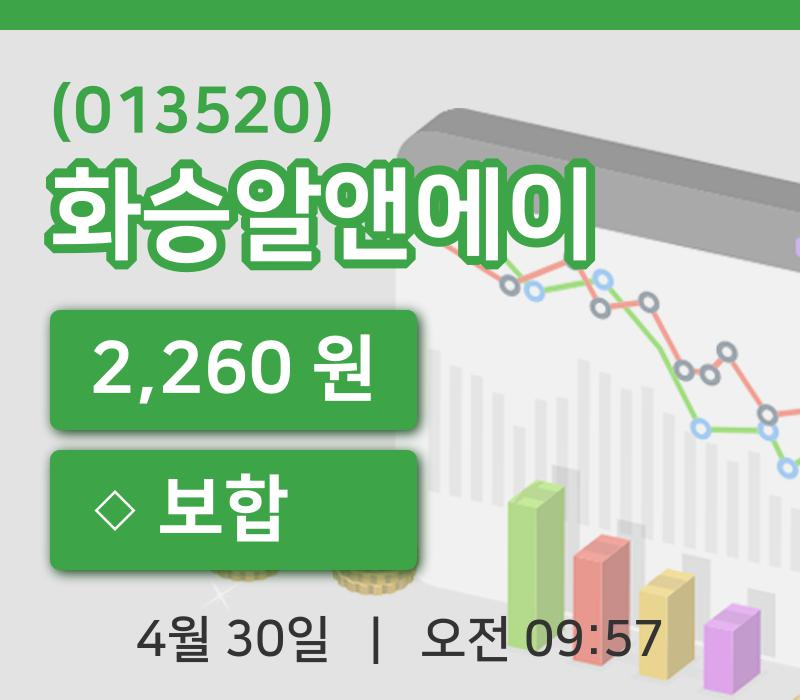 [화승알앤에이주가] 30일 이시각 현재  2,260원