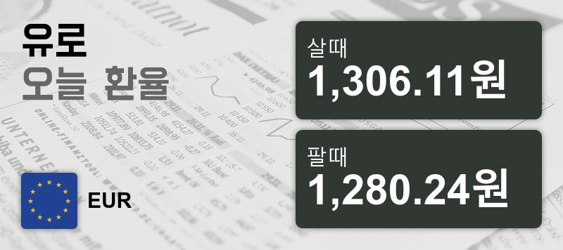 환율 29일 유로화 살때 1,306.11원, 팔때 1,280.24원 ▲0.21%상승