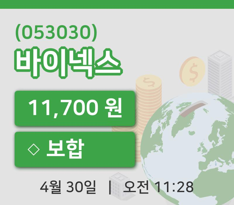 [바이넥스주가] 11시 28분 현재 11,700원