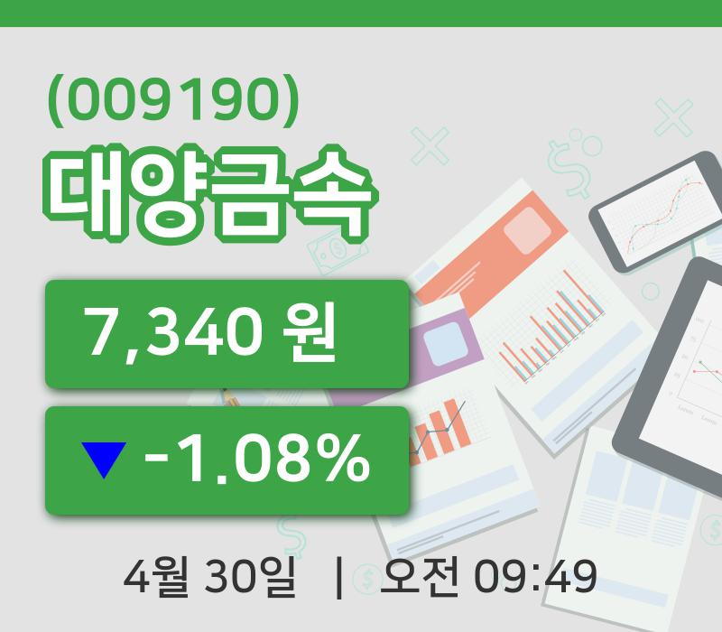 [대양금속주가] 30일 9시 49분 현재 7,340원