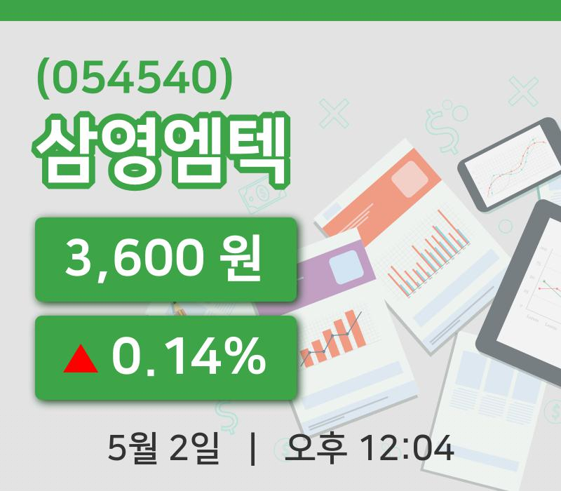[삼영엠텍주가] 12시 04분 현재 3,600원