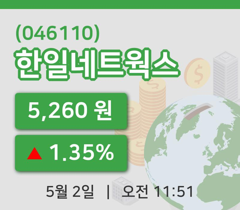 [한일네트웍스주가] 2일 이시각 현재  5,260원